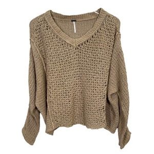 Free People Oversized Distressed Open Knit Sweater Tan
